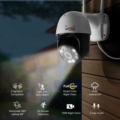 Outdoor 5MP PTZ WiFi Security Camera With Auto Tracking And Floodlight Color Night Vision mounted on wall
