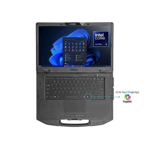Drop Tested Rugged Laptop Featuring Intel Core Ultra 5 15.6 Inch Fhd 32Gb Ram 1Tb Ssd Ip53 Sealed Shell, top view with display and keyboard.