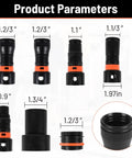 Image showing dimensions of Seven Piece Dust Collection Hose Adapter Kit for Woodworking Tools, Sanders, and Shop Vacuums.