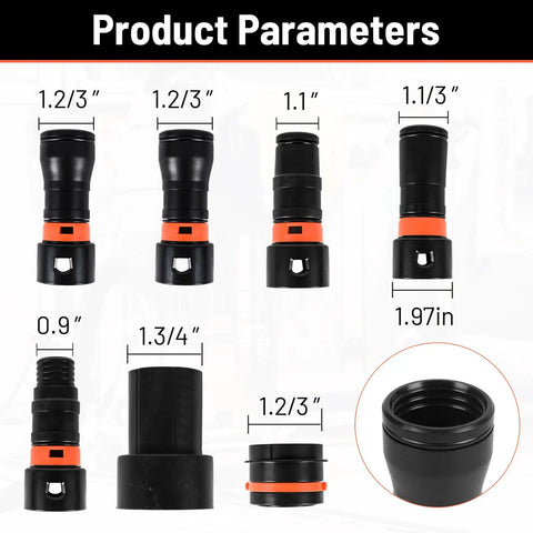 Image showing dimensions of Seven Piece Dust Collection Hose Adapter Kit for Woodworking Tools, Sanders, and Shop Vacuums.