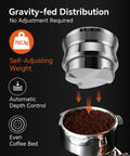 Premium Espresso Gravity Distributor Tool Full Metal Build With Smart Four Blade Base, 702.3g, for uniform coffee bed distribution.