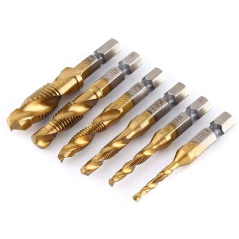 Six Piece Titanium Drill And Tap Bit Set With Center Punch Tool, One Quarter Inch Hex Shank HSS SAE Screw Tapping Bits For Drilling Tapping And Countersinking, Works From M3 To M10