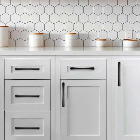 Five Pack Three Inch Matte Black Arch Cabinet Pulls Built Like A Tank Zinc Alloy Kitchen Hardware on white cabinets