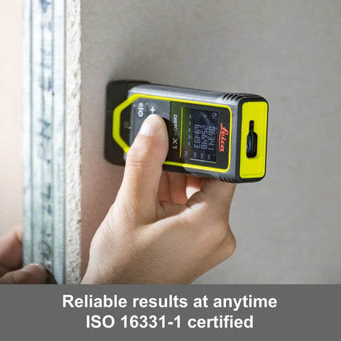 Disto X1 Laser Distance Meter With 330 Ft Range, Bluetooth 4.2 And NFC Data Transfer To Disto Plan App, Add And Subtract Measurements For Pros, 4 Line Display, IP65 Dust And Waterjet Protection, 6 Ft Drop Tested, Includes Hand Loop And Pouch. handheld laser meter measuring wall