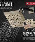 Square Shower Head With H2Okinetic PowerDrench Spray Kickin 3x Coverage 5 Spray Settings Touch Clean 1.75 GPM Lumicoat Polished Nickel Finish Full Body Spray with water flowing, highlighting touch-clean spray holes.