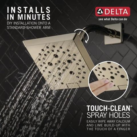 Square Shower Head With H2Okinetic PowerDrench Spray Kickin 3x Coverage 5 Spray Settings Touch Clean 1.75 GPM Lumicoat Polished Nickel Finish Full Body Spray with water flowing, highlighting touch-clean spray holes.