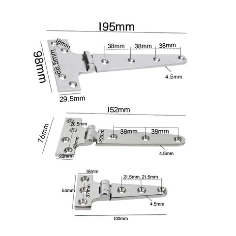 Beefed-Up Heavy Duty T Shape Strap Hinge In 316 Stainless Steel For Gates, Cabinets, And Sheds Doors, Size 200x98mm
