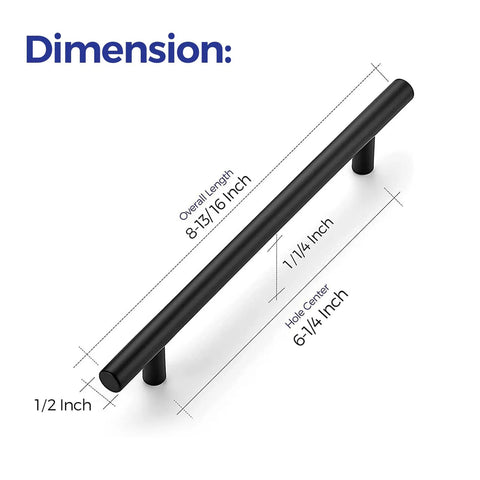 30 Pack Matte Black Cabinet Handles And Dresser Pulls 8 13/16 Inch Length With 6 1/4 Inch Center To Center Holes dimensions diagram.