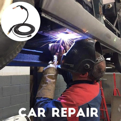 A mechanic uses a 15 Foot MIG Welding Gun Stinger For Lincoln Magnum 100L K530-6 Replacement Torch to repair a car.