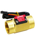 Three Quarter Inch Brass Water Flow Sensor Switch With Hall Effect Plug And Play Ready For Home And DIY Projects 2 To 50 Liters Per Minute Flowmeter BSPT Female Thread 58 Millimeter Length DC Five To Fifteen Volt 0 To 80 Celsius Range, side view