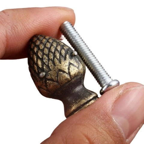 Stylish 2 Piece Kit Of Strawberry Knob Handles In Antique Bronze Finish For Kitchen Cupboards And Vintage Furniture With Screws Included, close-up with screw