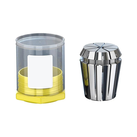 High Precision Spring Collet Set For CNC Milling And Lathe Tools Fits ER16 ER20 ER32 Chucks with yellow container and steel collet.