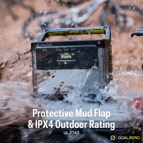 Yeti Portable Power Station 499 Watt Hour LiFePO4 Battery Water Resistant And Dustproof in muddy water outdoor setup