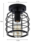 Industrial Vintage Flush Mount Ceiling Light With Metal Cage Pendant, Black Finish, UL Listed, E26 Base, 7.8in height, 6.3in dia