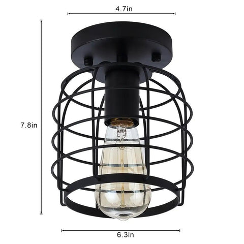 Industrial Vintage Flush Mount Ceiling Light With Metal Cage Pendant, Black Finish, UL Listed, E26 Base, 7.8in height, 6.3in dia