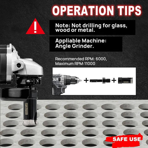 Front view of tile hole saw kit with diamond core bits (6–100mm) and SDS adapter; includes beveling bit