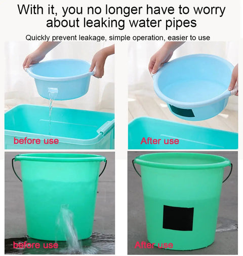 Image showing a leak sealed using Flexible Rubberized Waterproof Tape 4 Inch 5 Foot Patch And Seal For Leaks, before and after use.