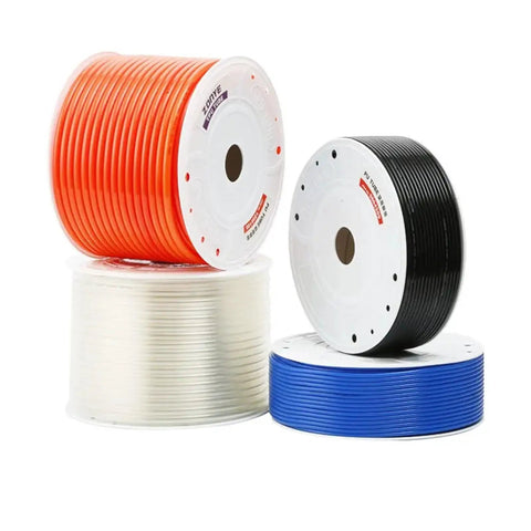 Straight Up Heavy Duty Gas And Pneumatic Tubing Hose With Smooth Airflow Compatible With Standard Air Compressors Includes One Two Meter Black Pu Pipe For Quick Swap Jobs, showing colorful tubing rolls.