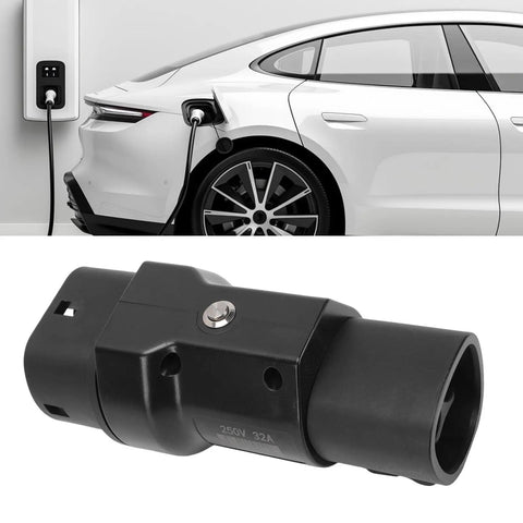 Heavy Duty EV Charging Adapter For Type 2 Connectors, portable design, locking feature, charging an electric vehicle.
