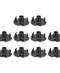 Fifty Piece 8-32 T Nuts Set Featuring Zinc Plated Carbon Steel Construction With Three Pronged Tee Nut Design For Hella Secure Bouldering Holds And Professional Woodworking Projects In Sleek Black Finish - close-up of ten black three-prong tee nuts.