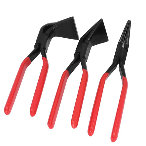 Triple Jaw Metal Bending Pliers Hand Seamer with straight, 45°, 90° jaws, red handles, for sheet metal work, 2.36-inch wide tool