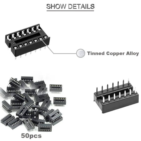14 Pin DIP IC Socket Dual Row With Tin Plated Contacts Black Thermoplastic Body Easy To Install Pack Of 50 Kit