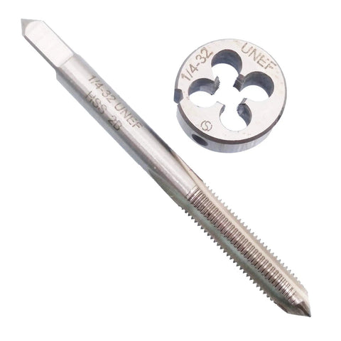 Pro Grade 1/4-32 UNEF Tap and Die Set Right Hand HSS for Metalworking, 73mm tap and 20mm die shown close-up