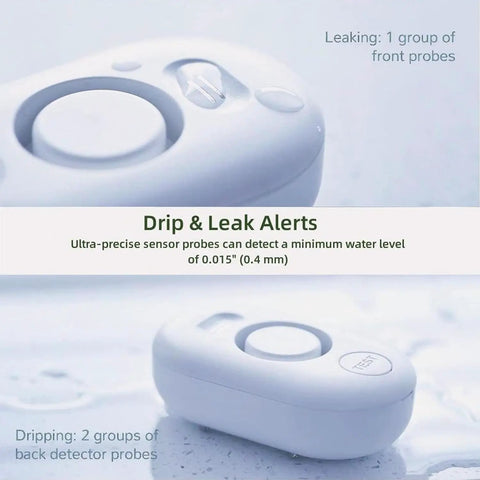 Five Pack Water Leak Detectors With 100dB Alarm showing front and back probes for leak and wetness detection.