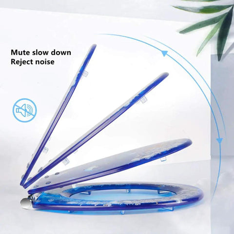 Super Slick Low Drama Auto Closing Toilet Seat With Silent Drop Lid And Transparent Fish Motif Universal Fit For Oval Round Or Square Bowls Heavy Duty Resin For Your Clean Bathroom Glow Up, showing blue slow close mechanism.