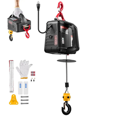 2 In 1 Electric Hoist Winch With 1100 Lb Capacity And 1500W Power Portable Winch Crane for Factory and Garage use shown with accessories