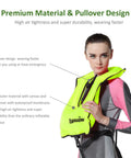 Woman wearing Inflatable Snorkel Vest For Adults With High Buoyancy Up To 220 Lbs Quick Inflate Free Diving Snorkeling Jacket For Safe Swimming Bright Green