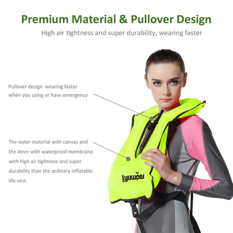 Woman wearing Inflatable Snorkel Vest For Adults With High Buoyancy Up To 220 Lbs Quick Inflate Free Diving Snorkeling Jacket For Safe Swimming Bright Green