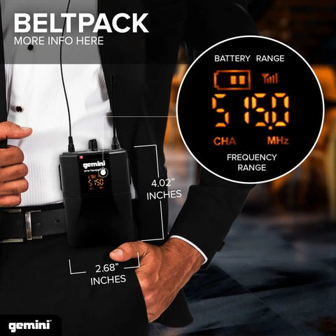 Close-up of UHF Wireless Mic System beltpack transmitter showing frequency range and dimensions, worn on suit