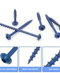 Close-up view of blue-coated screws from the 100 Piece Pocket Hole Screw Kit With Square Drive Drill Bit Blue Coated No 8 X 2 Inch Washer Head Wood Screws For Woodworking And Furniture Making Built To Last Durable Heavy Duty Easy Install.