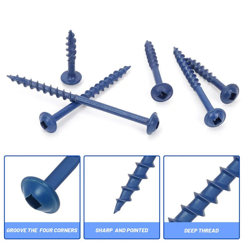 Close-up view of blue-coated screws from the 100 Piece Pocket Hole Screw Kit With Square Drive Drill Bit Blue Coated No 8 X 2 Inch Washer Head Wood Screws For Woodworking And Furniture Making Built To Last Durable Heavy Duty Easy Install.