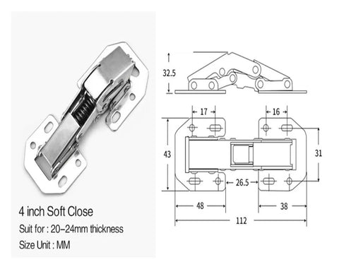 Technical drawing and top view of 4 Pack 90 Degree Soft Closing Spring Cabinet Hinges No Pre Drill Required Noiseless Hidden Furniture Hinge 4 Inch