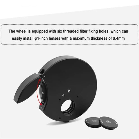 Six Position Telescope Filter Wheel For 1 Inch Eyepieces With Pro Grade Aluminum Body Sunshade And Magnetic Covers shown open