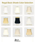 Regal Basic Shade Color Selection display with various lamp shade colors including White, Eggshell, Beige, Antique Gold, Black, Linen White.