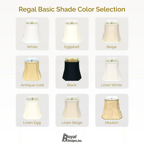 Regal Basic Shade Color Selection display with various lamp shade colors including White, Eggshell, Beige, Antique Gold, Black, Linen White.