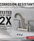 Woodhurst Centerset Brushed Nickel Dope Sleek Bathroom Faucet displayed with corrosion resistance features.