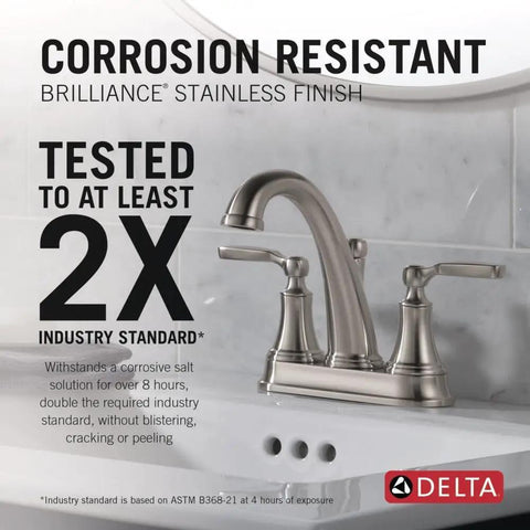 Woodhurst Centerset Brushed Nickel Dope Sleek Bathroom Faucet displayed with corrosion resistance features.