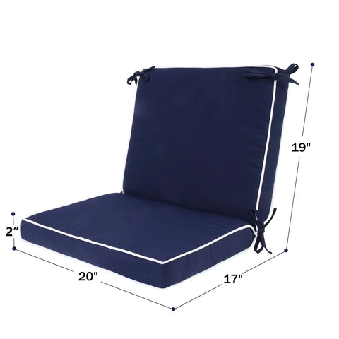 Set Of 4 Outdoor Patio Chair Cushions 20 By 17 Inch Seat Cushions With Ties, Water Resistant UV Protected All Weather Cushions For Patio Furniture, 2 Inch Thick, shown with measurements