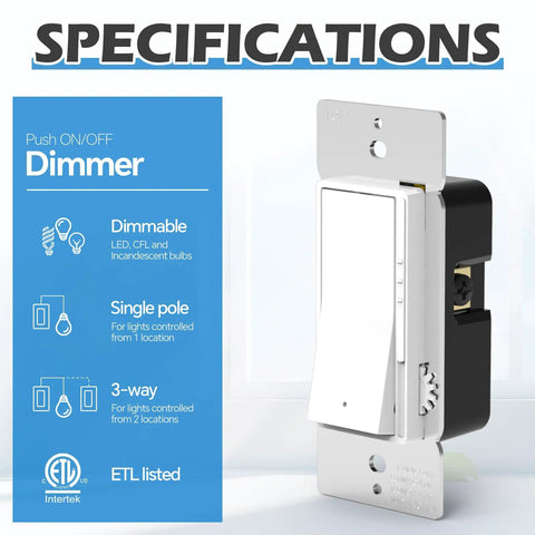 Five Pack Slide Dimmer Switch For Dimmable LED CFL Lights Up To 300W And Incandescent Or Halogen Up To 700W Works As Single Pole Or 3 Way Wall Plate Included ETL Listed White close-up.