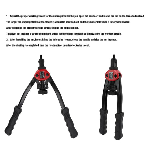 Front view of 13 Inch Double Arm Rivet Nut Tool Kit with dual handles and instructions for use.