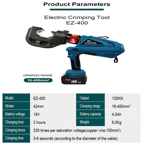 Upgrade Your Toolkit With This Rechargeable Electric Hydraulic Crimping Tool, EZ-400 model with 18V battery and 16-400mm crimping range.