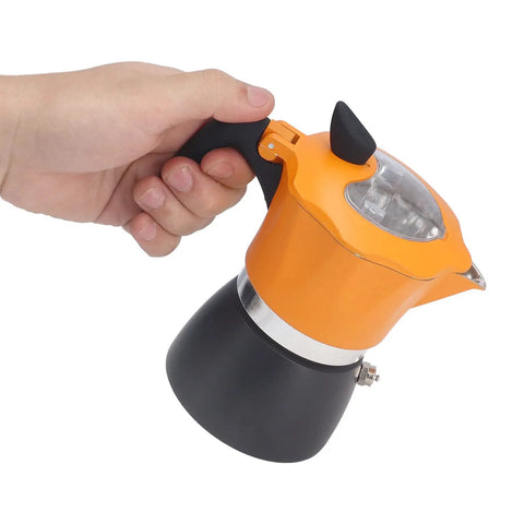 One Cup Stovetop Espresso Pot 150ml 5oz Glass Top Italian Coffee Maker For Italian And Cuban Café Brewing Travel Friendly Compact Design In Orange And Black held by hand