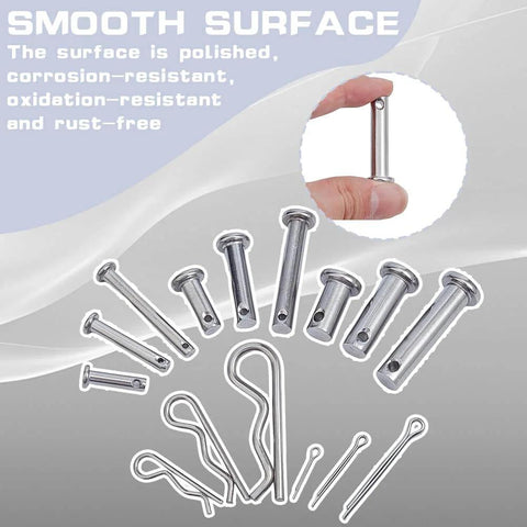 184 Piece Clevis Pin And Cotter Pin Dowel Pins Assortment Kit with polished 304 stainless steel pins shown