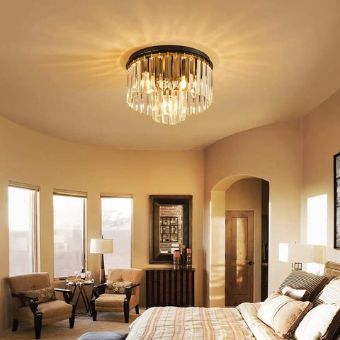 Crystal Ceiling Light Fixture Three Light Modern Semi Flush Mount With E12 Base Black Finish Two Layer Crystal Shade Real Nice For Living Room Bedroom Or Hallway ceiling light in bedroom.
