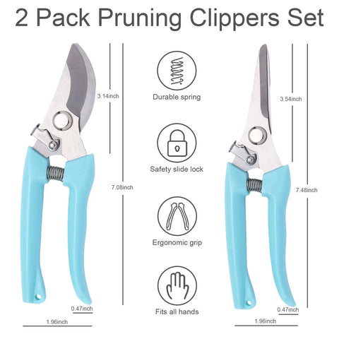 Two Pack Pruning Shears With Stainless Steel Blades, Low-Friction Nonstick Cut, Bypass And Straight Blade Garden Clippers
