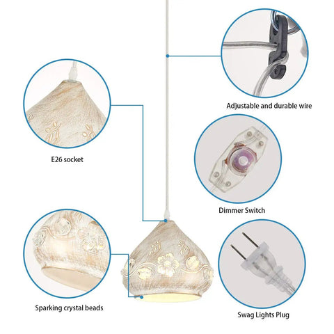 Crystal Plug In Pendant Light With 16.4 Ft Swag Cord components including E26 socket, dimmer switch, and plug-in wire.